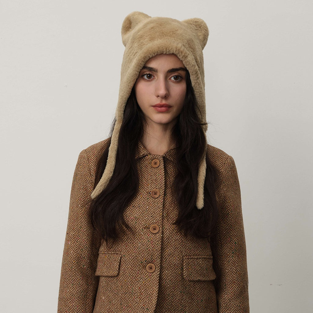 Plush Bear Ear Trapper Hat With Tie Strings - Beige