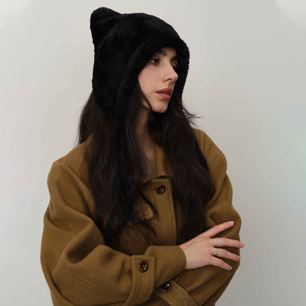 Plush Bear Ear Trapper Hat With Tie Strings - Black