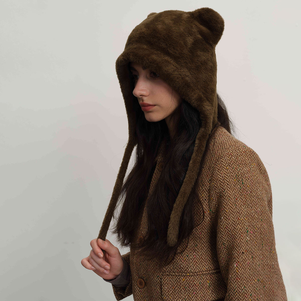 Plush Bear Ear Trapper Hat With Tie Strings - Brown