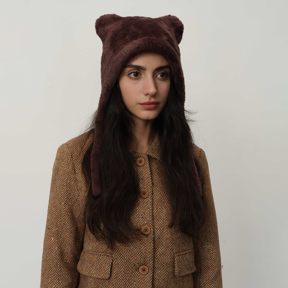 Plush Bear Ear Trapper Hat With Tie Strings - DarkCoffee