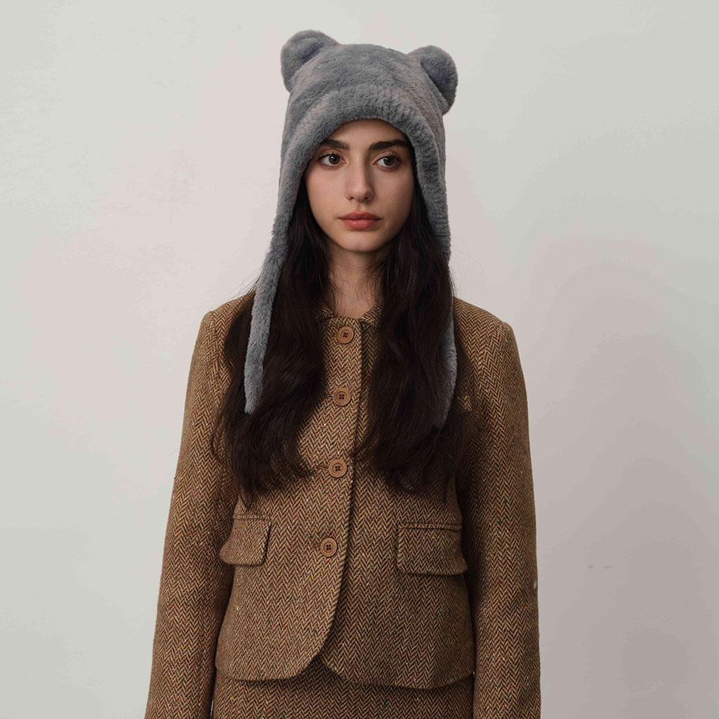 Plush Bear Ear Trapper Hat With Tie Strings - Grey
