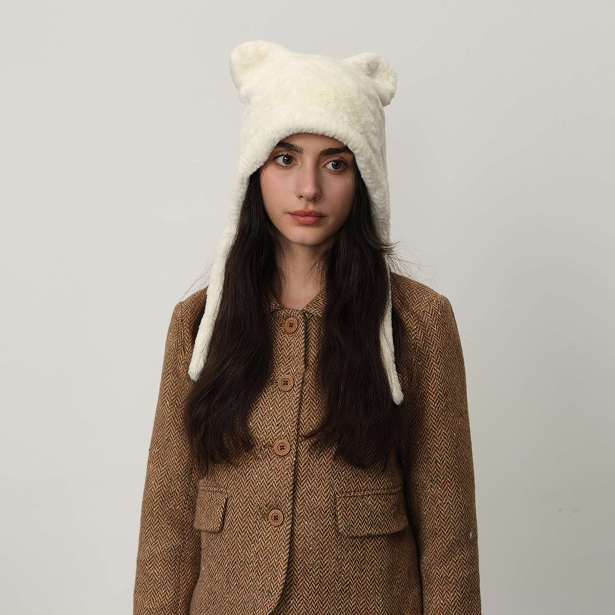 Plush Bear Ear Trapper Hat With Tie Strings - White