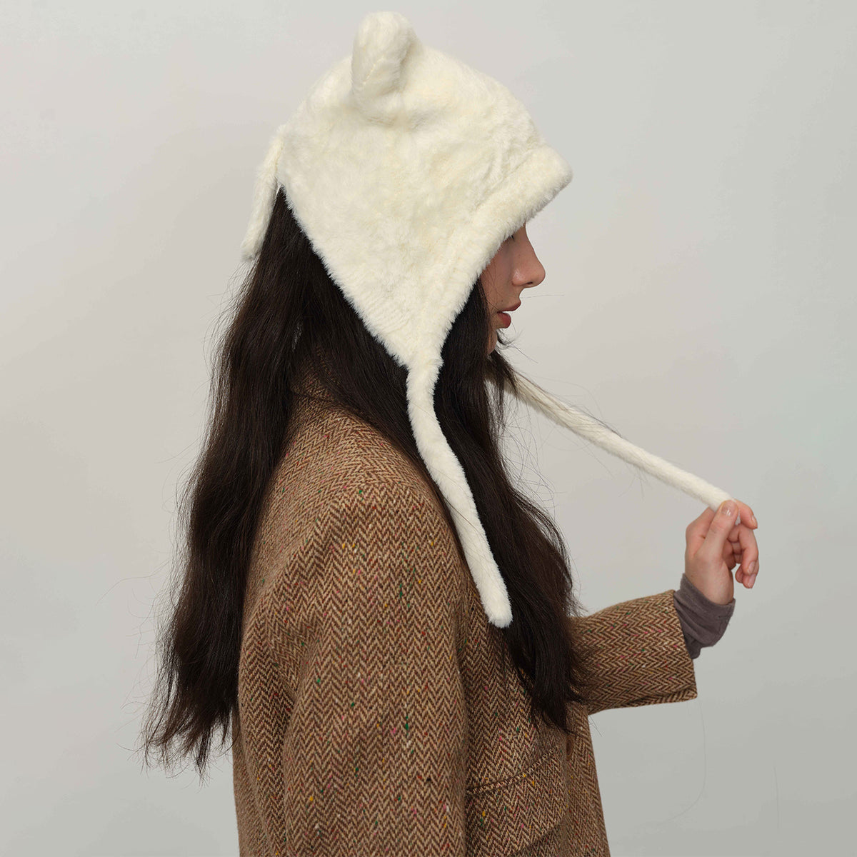 Plush Bear Ear Trapper Hat With Tie Strings