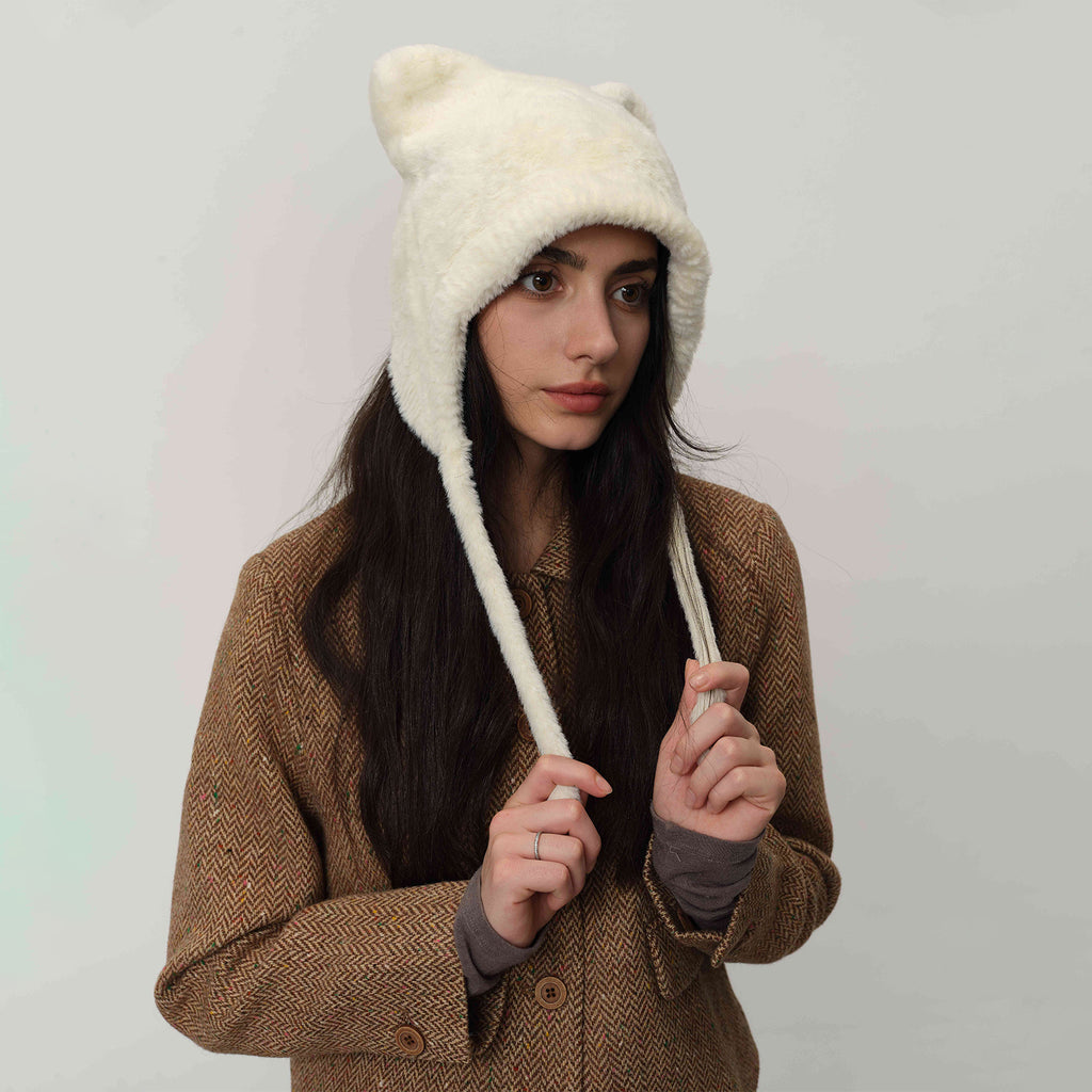 Plush Bear Ear Trapper Hat With Tie Strings - view 1