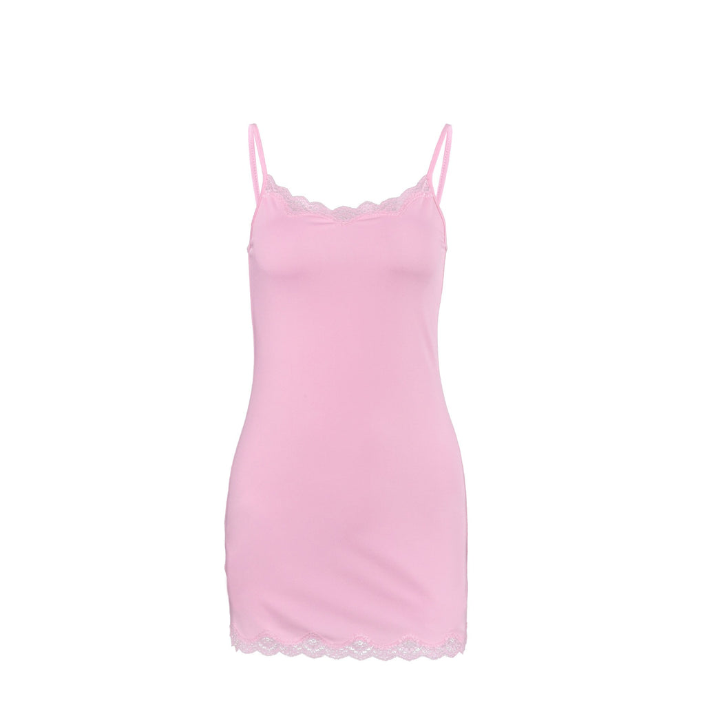 Pink Stretch Knit Lace Trim Cami Mini Sleep Dress