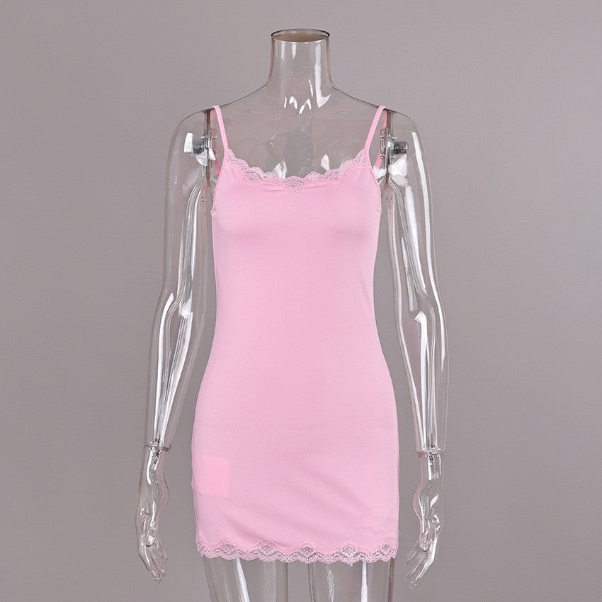 Pink Stretch Knit Lace Trim Cami Mini Sleep Dress