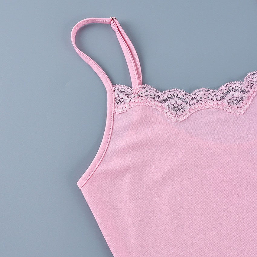 Pink Stretch Knit Lace Trim Cami Mini Sleep Dress