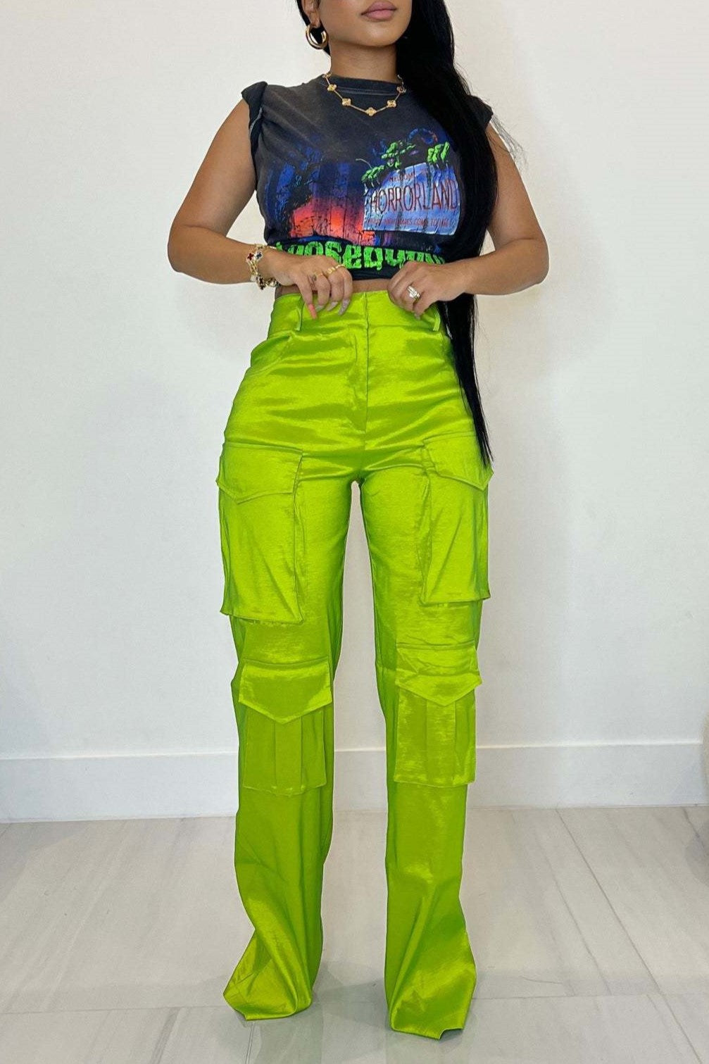 Satin Utility Cargo Wide Leg Pants - Acid green