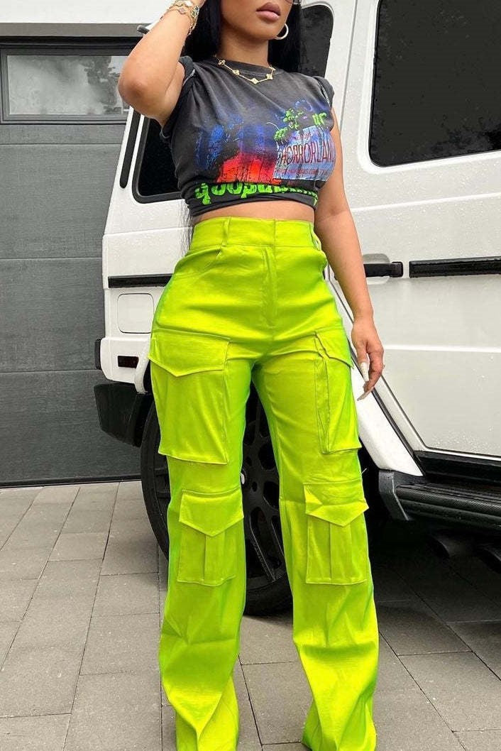 Satin Utility Cargo Wide Leg Pants - Acid green - 1