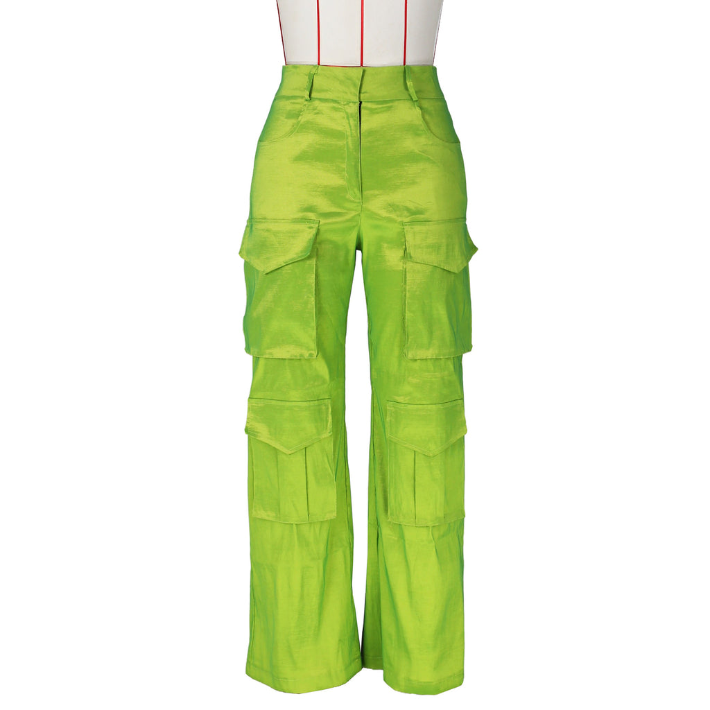 Satin Utility Cargo Wide Leg Pants - Acid green - 2