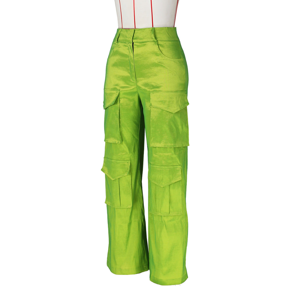 Satin Utility Cargo Wide Leg Pants - Acid green - 3