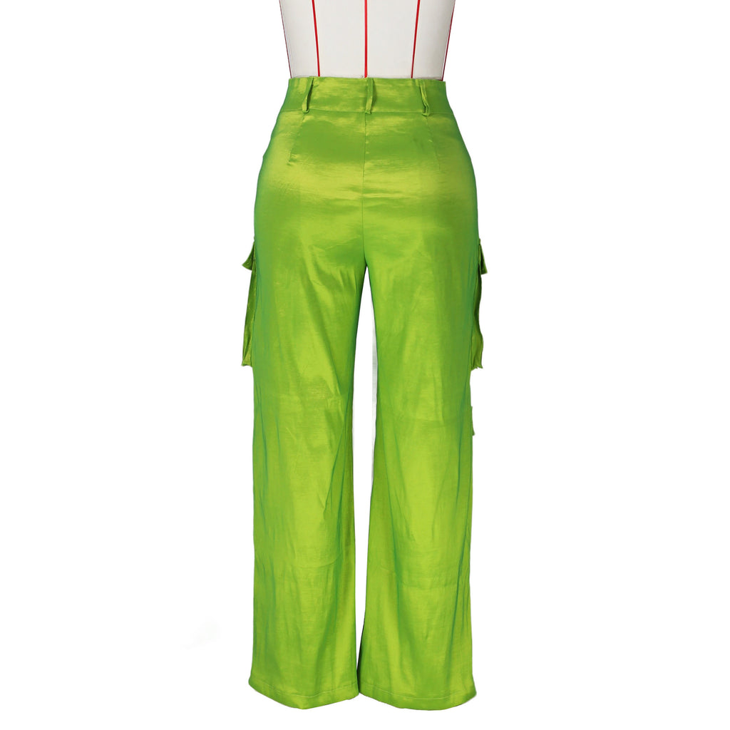 Satin Utility Cargo Wide Leg Pants - Acid green - 4
