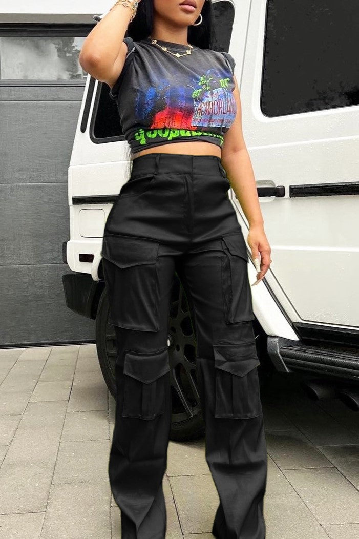 Satin Utility Cargo Wide Leg Pants - Black - 1