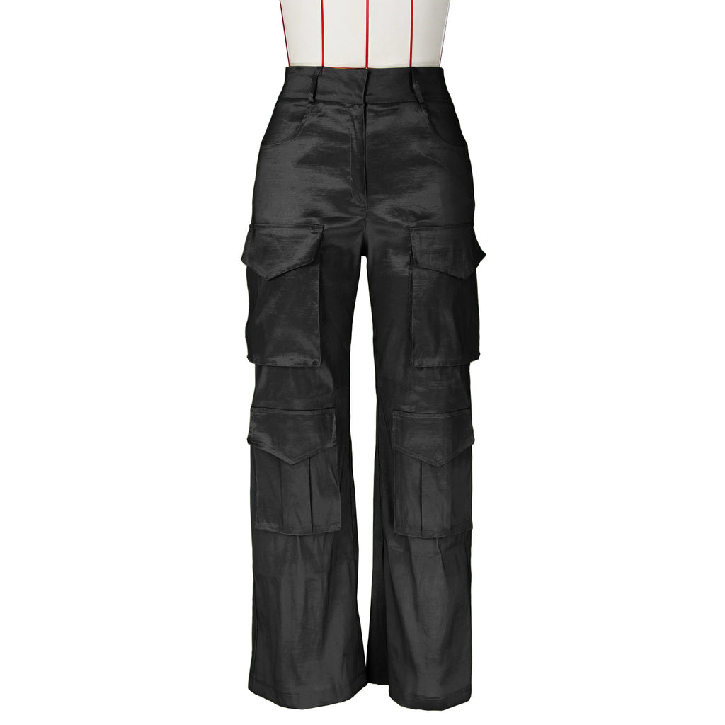 Satin Utility Cargo Wide Leg Pants - Black - 2