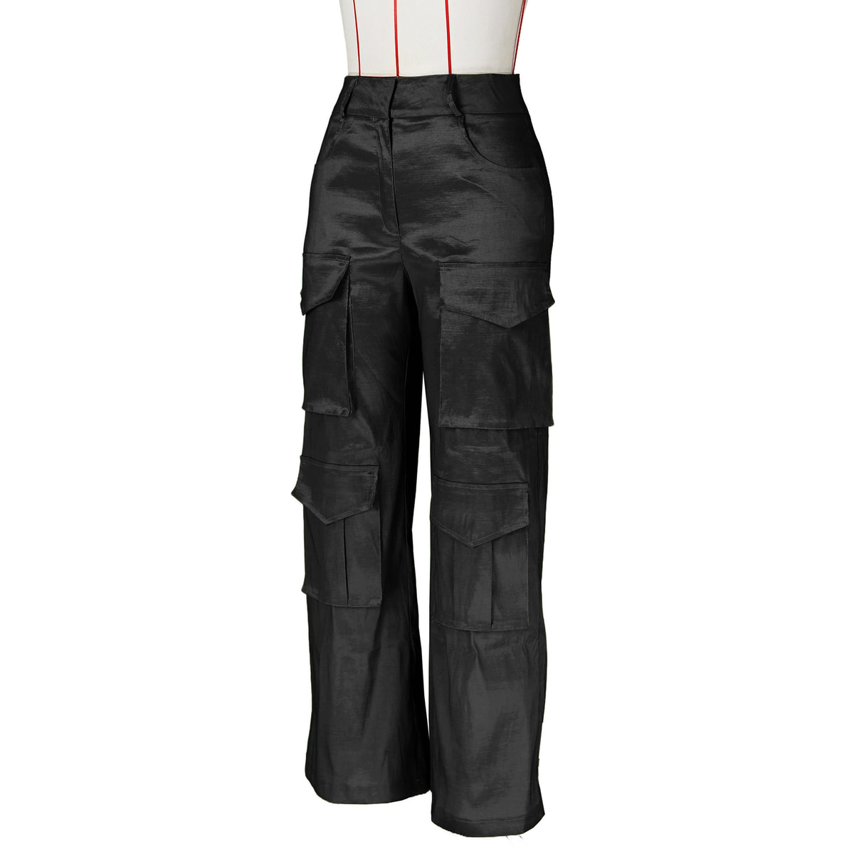 Satin Utility Cargo Wide Leg Pants - Black - 3