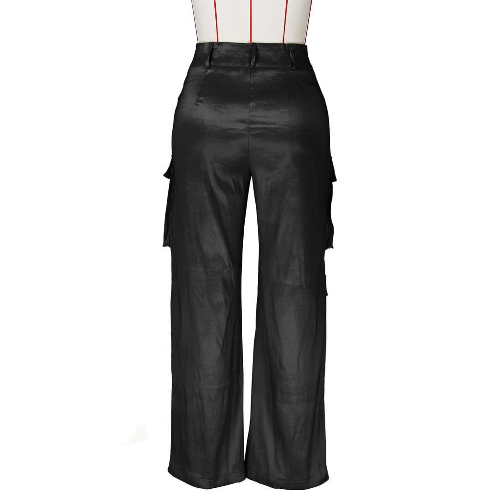 Satin Utility Cargo Wide Leg Pants - Black - 4