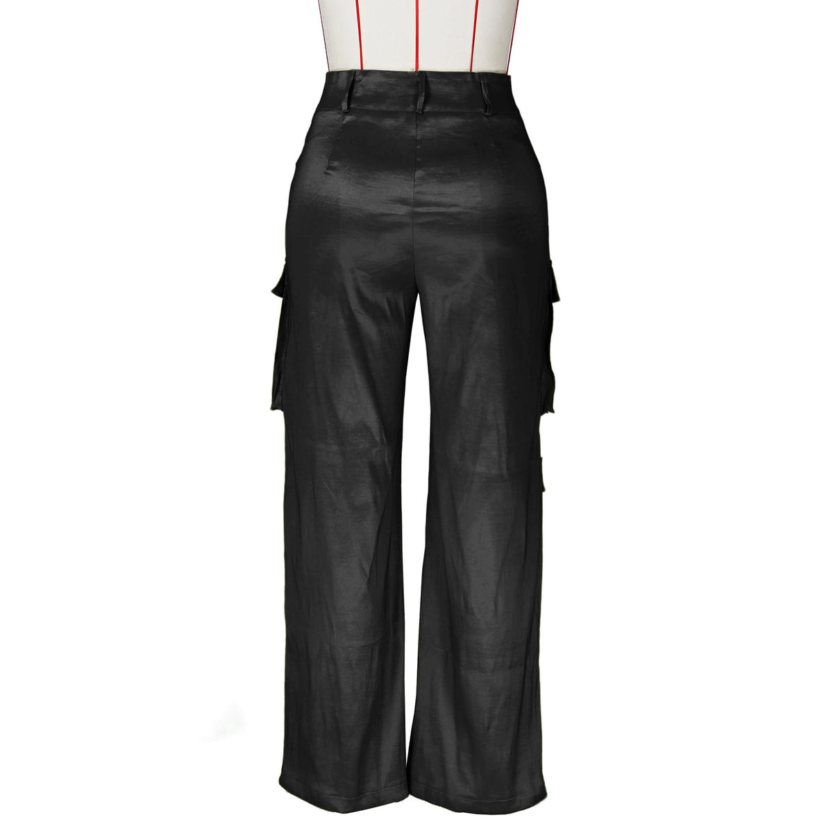 Satin Utility Cargo Wide Leg Pants - Black - 4