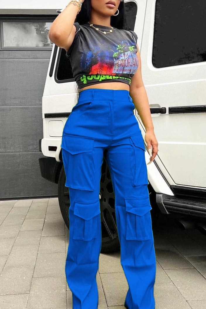 Satin Utility Cargo Wide Leg Pants - Blue - 1