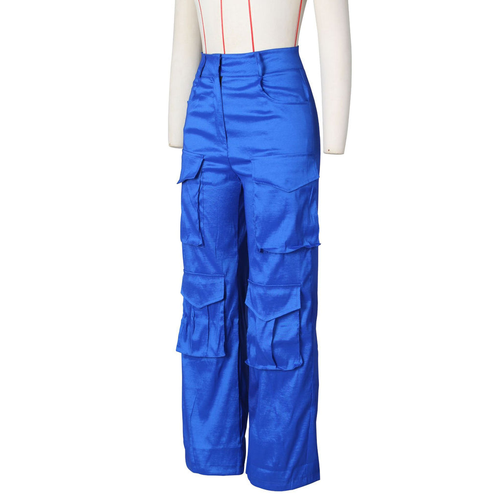 Satin Utility Cargo Wide Leg Pants - Blue - 3