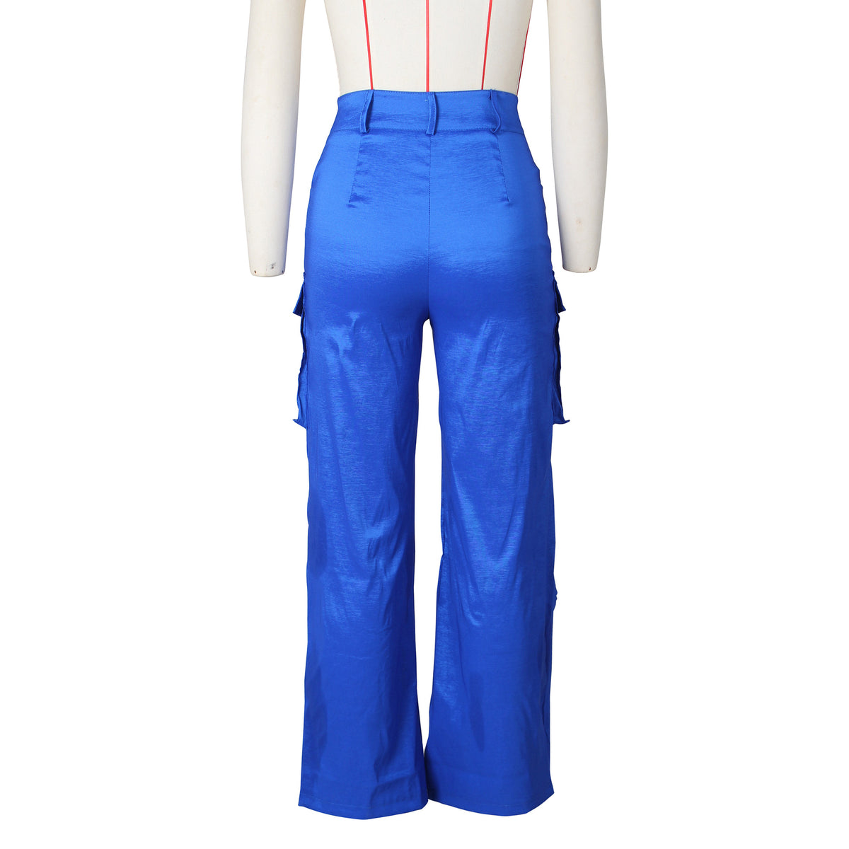 Satin Utility Cargo Wide Leg Pants - Blue - 4