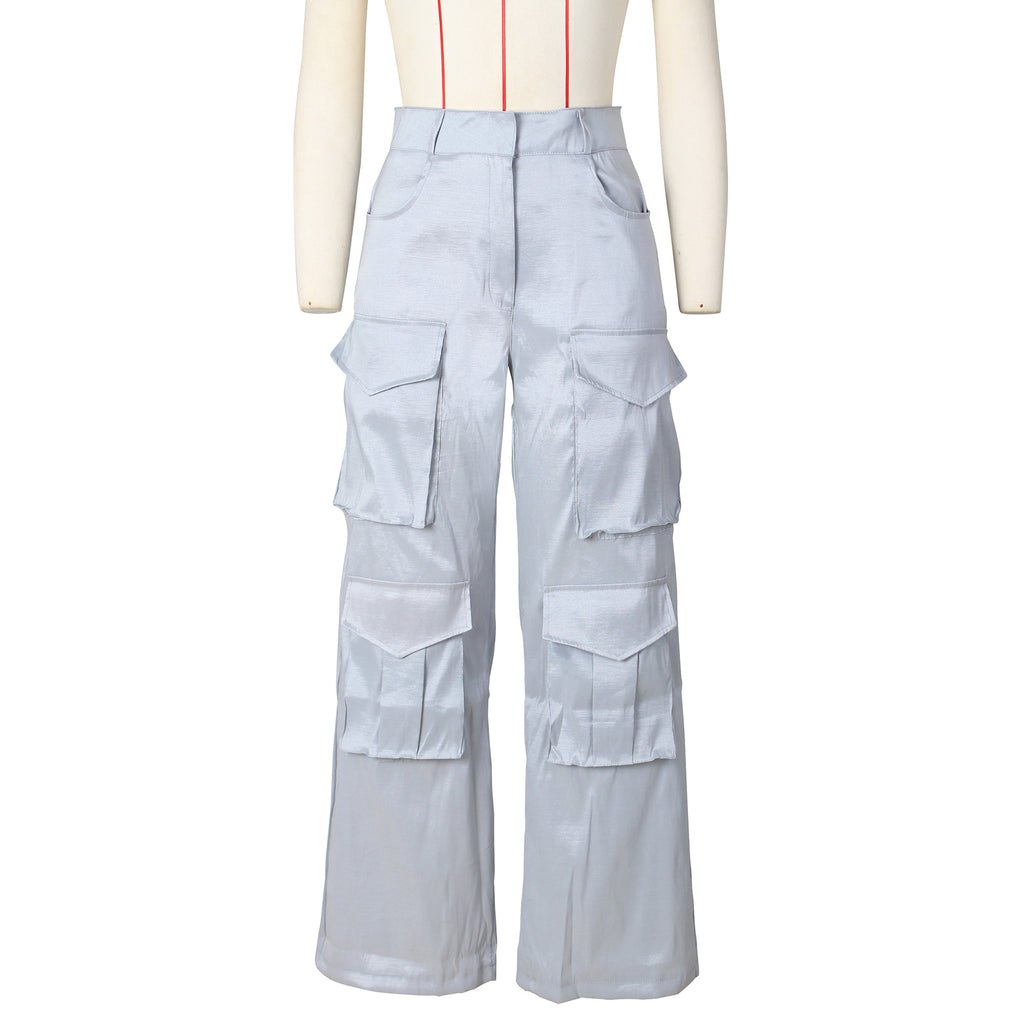 Satin Utility Cargo Wide Leg Pants - Grey - 2