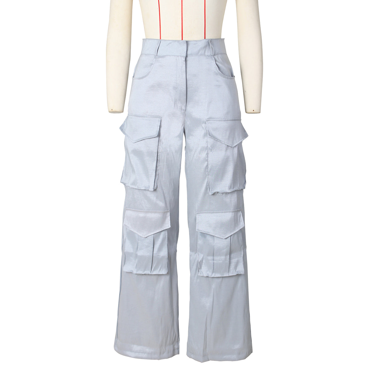 Satin Utility Cargo Wide Leg Pants - Grey - 2