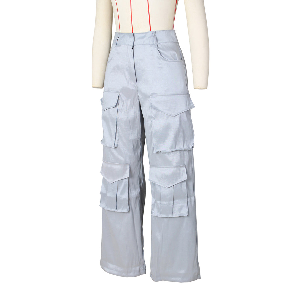 Satin Utility Cargo Wide Leg Pants - Grey - 3