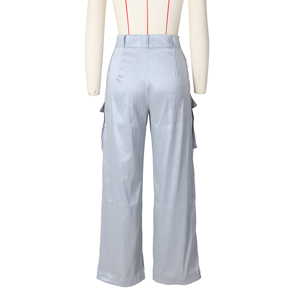 Satin Utility Cargo Wide Leg Pants - Grey - 4