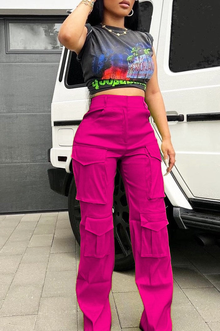 Satin Utility Cargo Wide Leg Pants - Hot-pink - 1