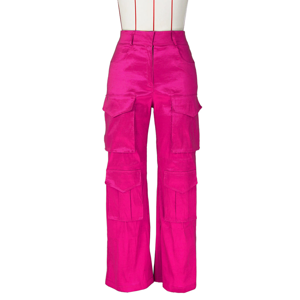 Satin Utility Cargo Wide Leg Pants - Hot-pink - 2