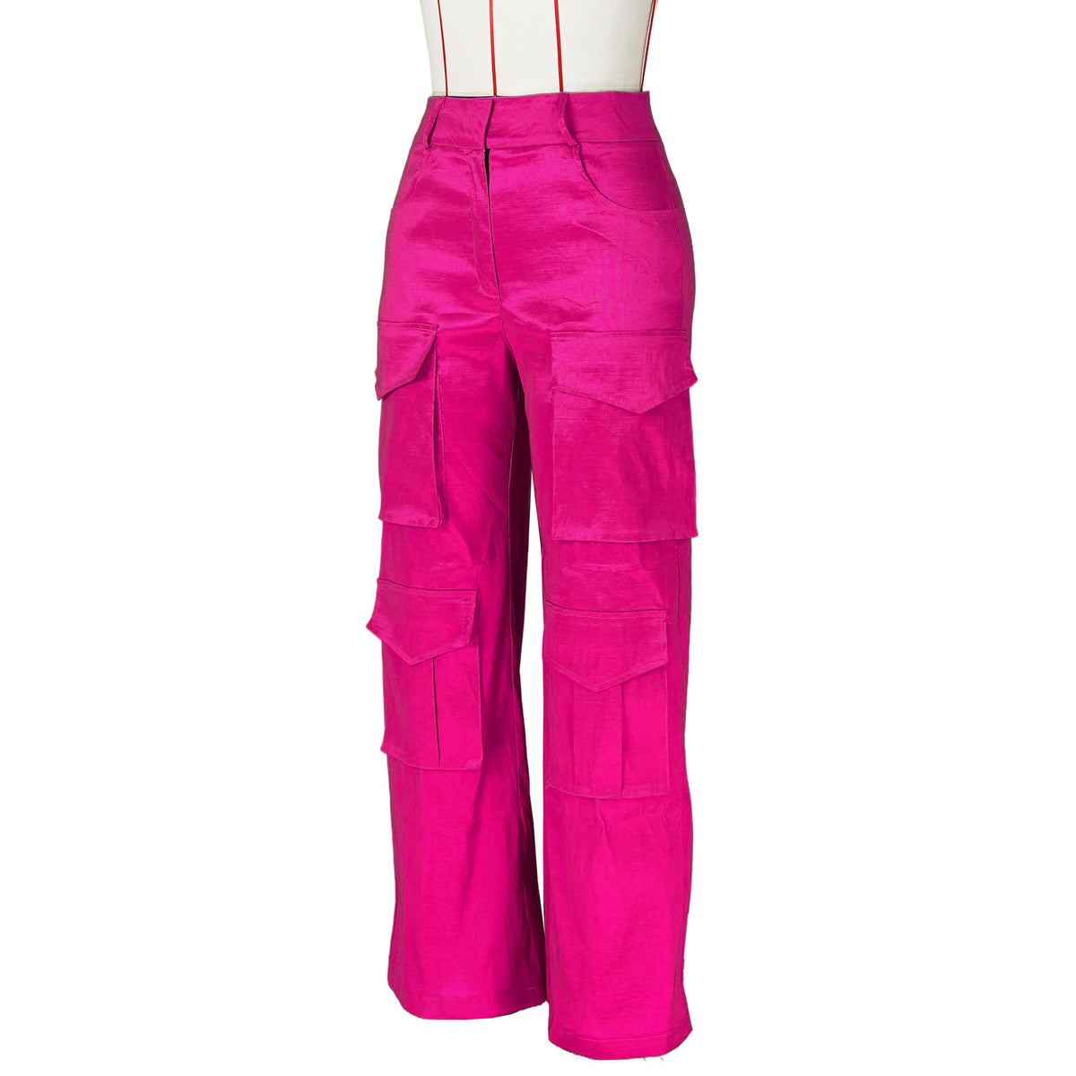 Satin Utility Cargo Wide Leg Pants - Hot-pink - 3