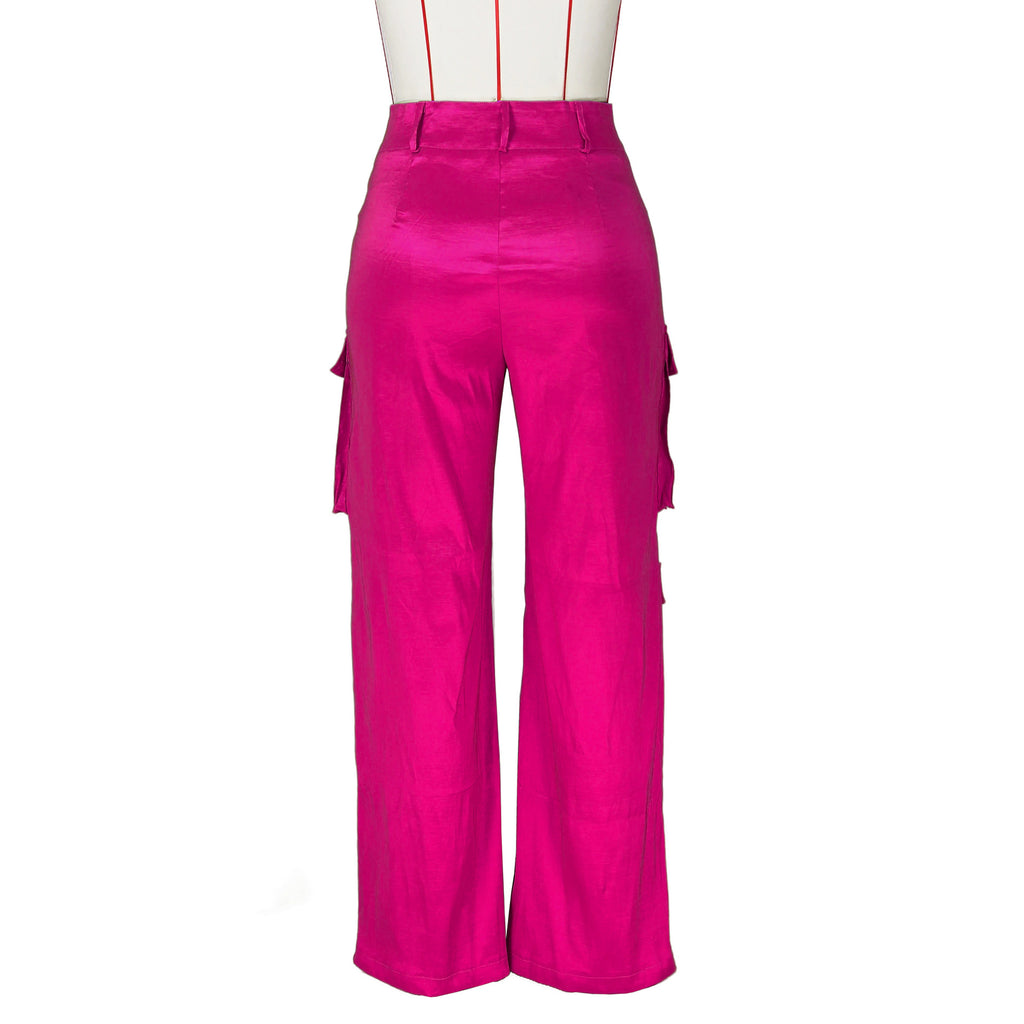 Satin Utility Cargo Wide Leg Pants - Hot-pink - 4