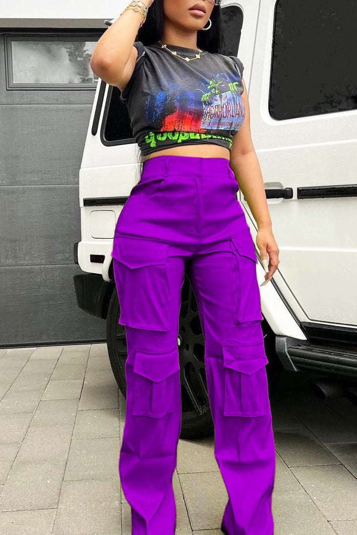 Satin Utility Cargo Wide Leg Pants - Purple - 1