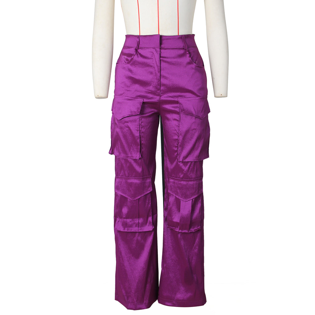 Satin Utility Cargo Wide Leg Pants - Purple - 2
