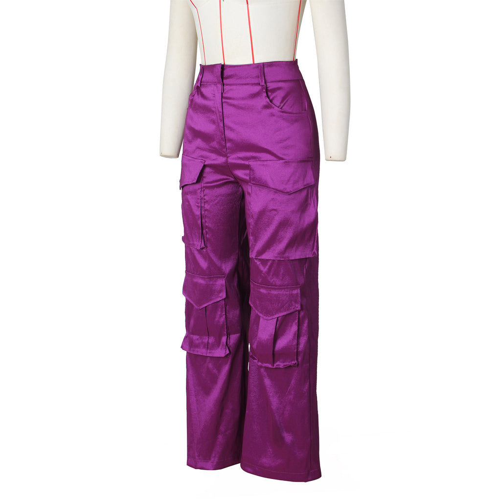 Satin Utility Cargo Wide Leg Pants - Purple - 3