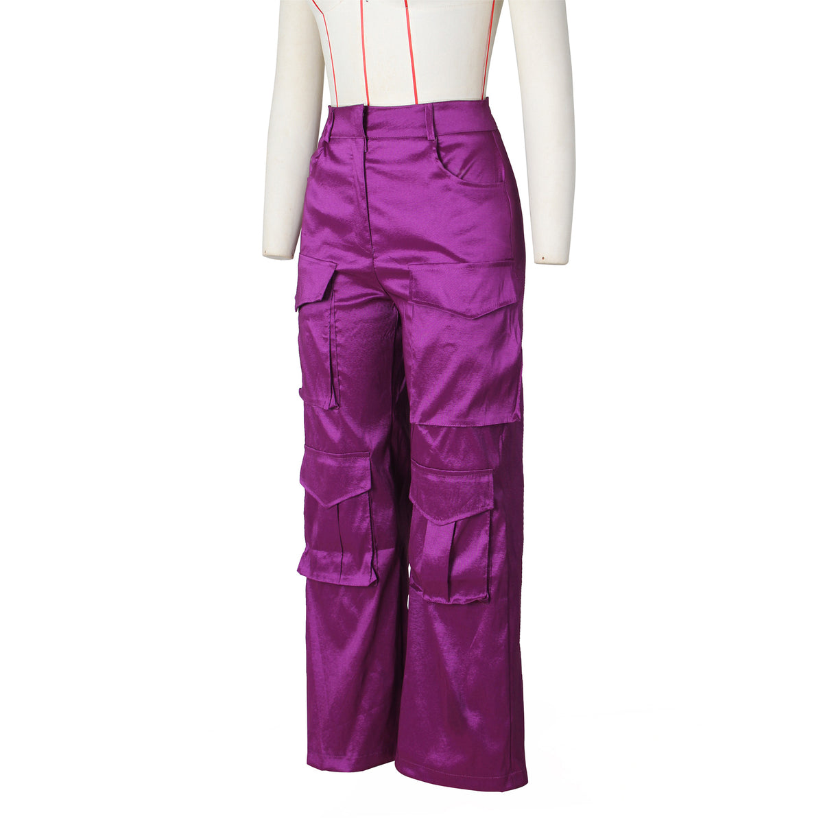 Satin Utility Cargo Wide Leg Pants - Purple - 3