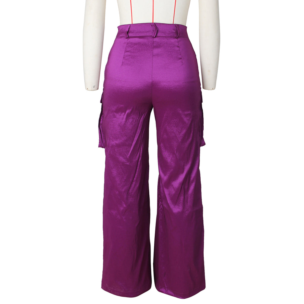 Satin Utility Cargo Wide Leg Pants - Purple - 4