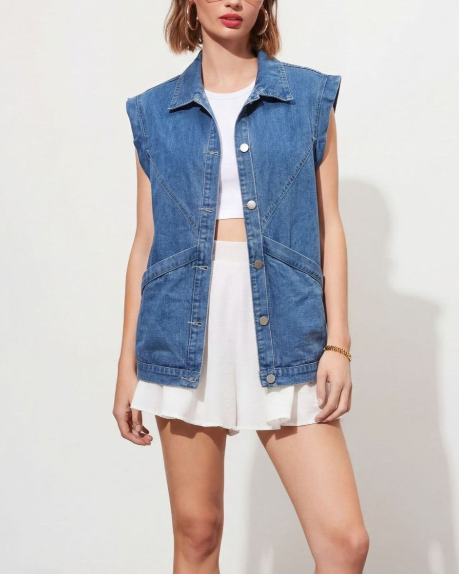 Oversized Denim Vest Jacket With Patch Pockets - Blue