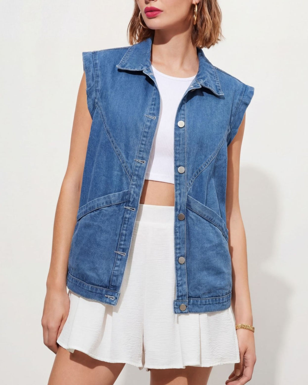 Oversized Denim Vest Jacket With Patch Pockets - Blue - 1