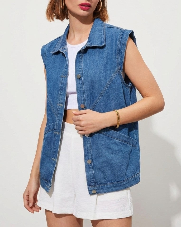 Oversized Denim Vest Jacket With Patch Pockets - Blue - 2
