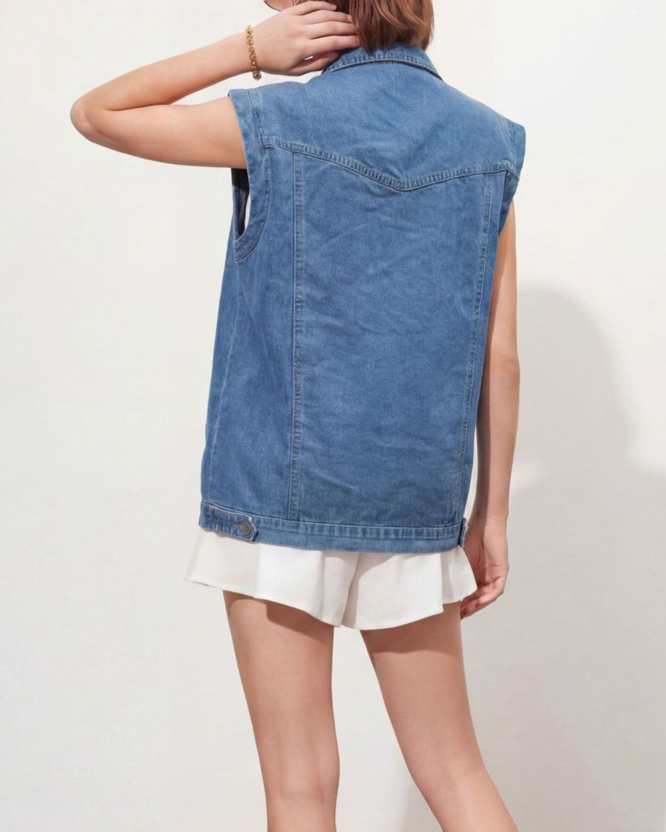 Oversized Denim Vest Jacket With Patch Pockets - Blue - 3