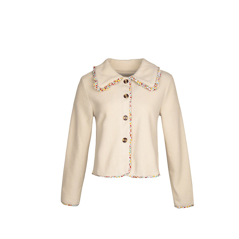 Contrast Trim Collared Cropped Button Jacket - Apricot