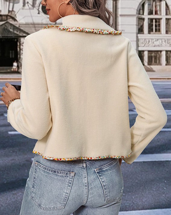 Contrast Trim Collared Cropped Button Jacket - Apricot - 1