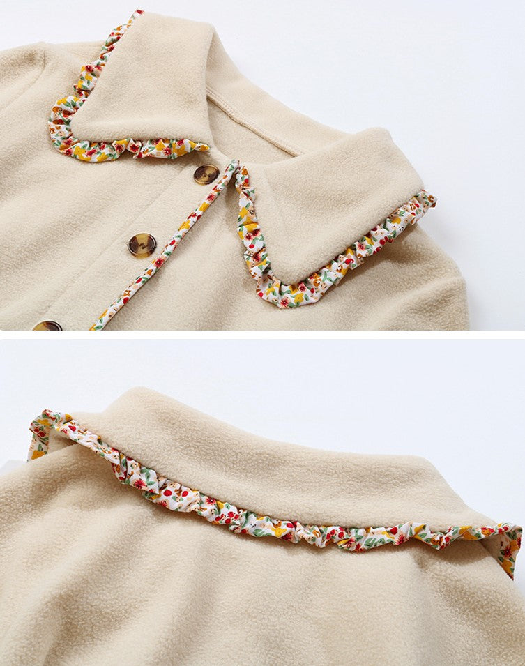 Contrast Trim Collared Cropped Button Jacket - Apricot - 2