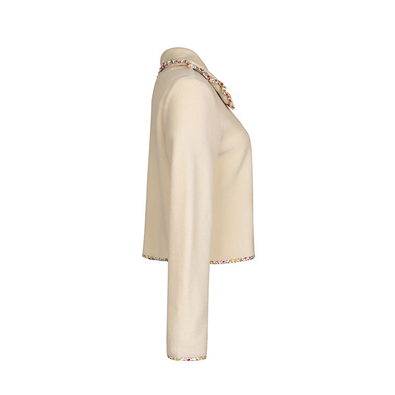 Contrast Trim Collared Cropped Button Jacket - Apricot - 3