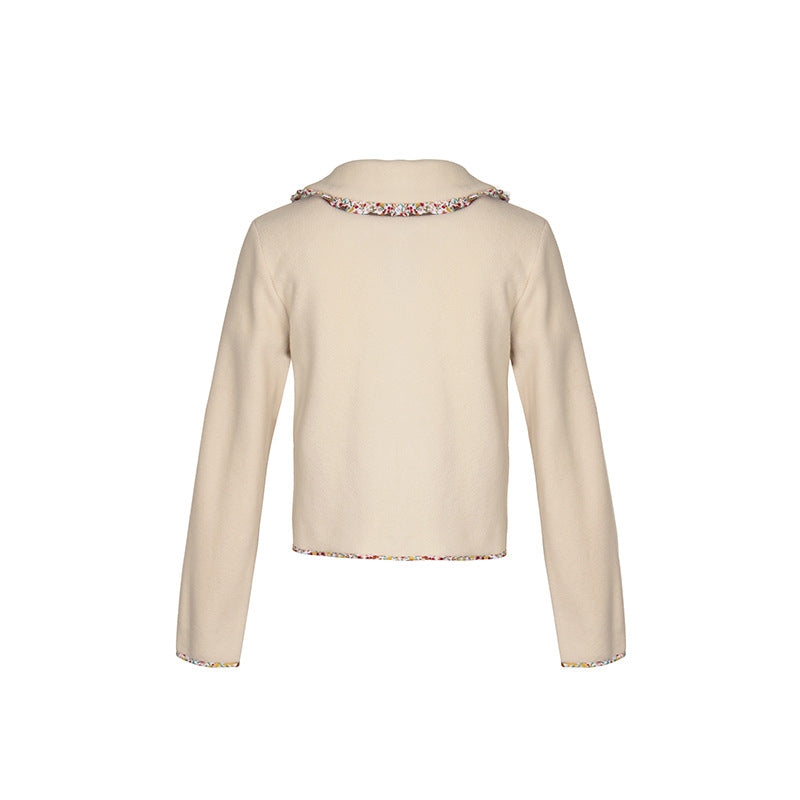Contrast Trim Collared Cropped Button Jacket - Apricot - 4