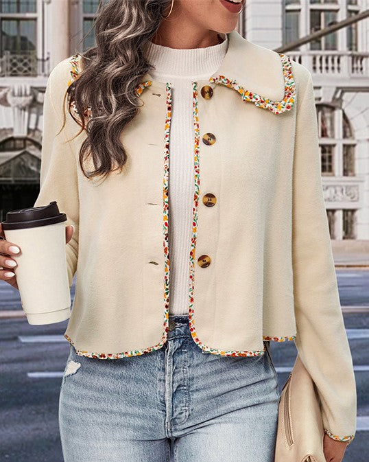 Contrast Trim Collared Cropped Button Jacket - Apricot - 5