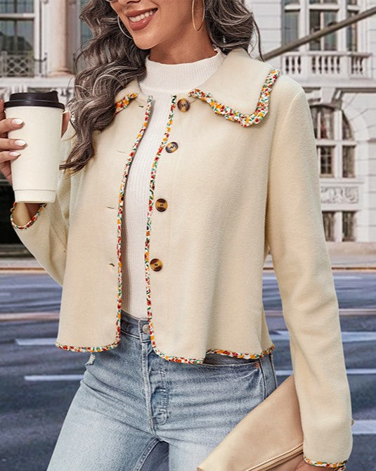 Contrast Trim Collared Cropped Button Jacket - Apricot - 6