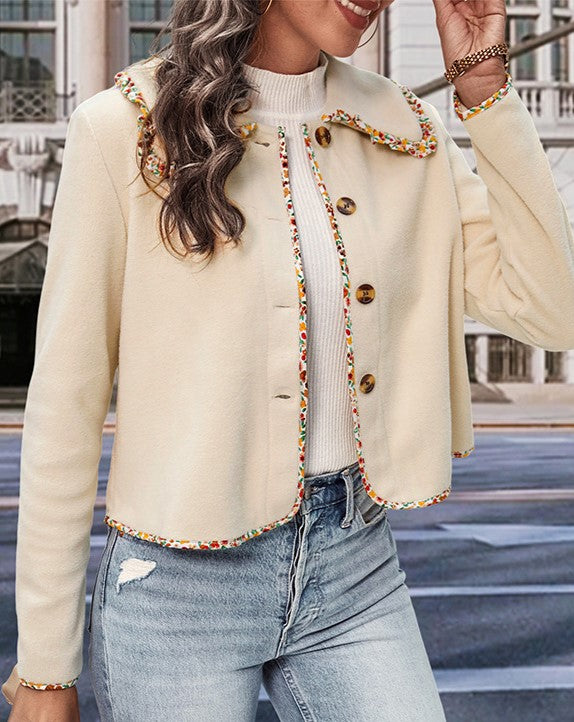 Contrast Trim Collared Cropped Button Jacket - Apricot - 7