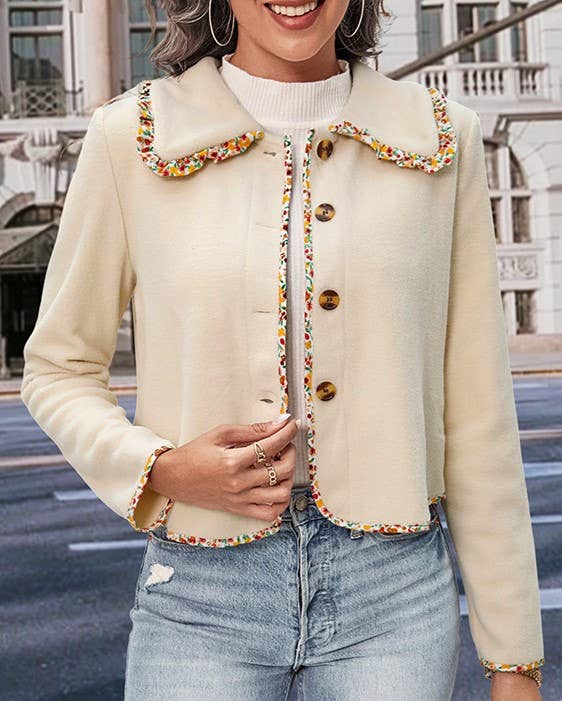 Contrast Trim Collared Cropped Button Jacket